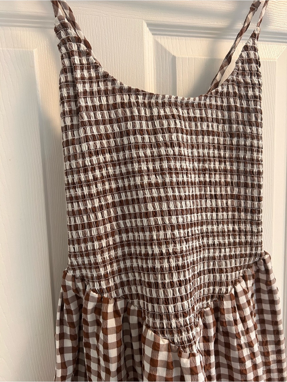 Brown and White Gingham Smocked Sundress